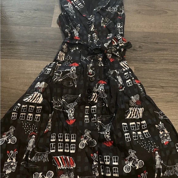 😍 ModCloth Black L Community Brunch Shirt Dress Worn 1X Afternoon in Paris Dog - Picture 3 of 6